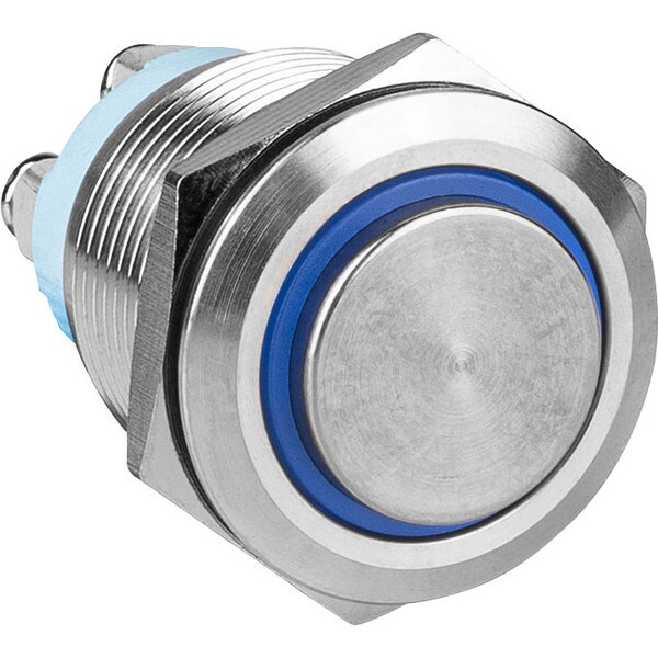 Main product image for SPST NO Momentary 19mm Stainless Steel Tamper/Waterproof Raised Push Button Switch with Blue Ring Screw Type060-954